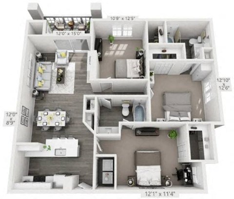 A detailed 3D floor plan of a two-bedroom apartment.